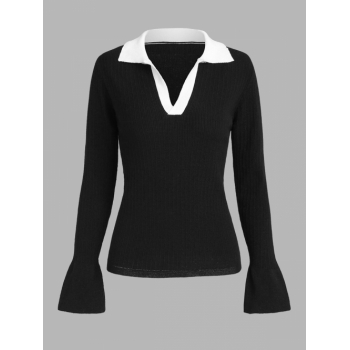 Women Ribbed V Notched Bell Sleeve Knitwear S Black