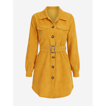 Mini Dress Corduroy Pocket Belted Mini Shirt Dress S Deep yellow