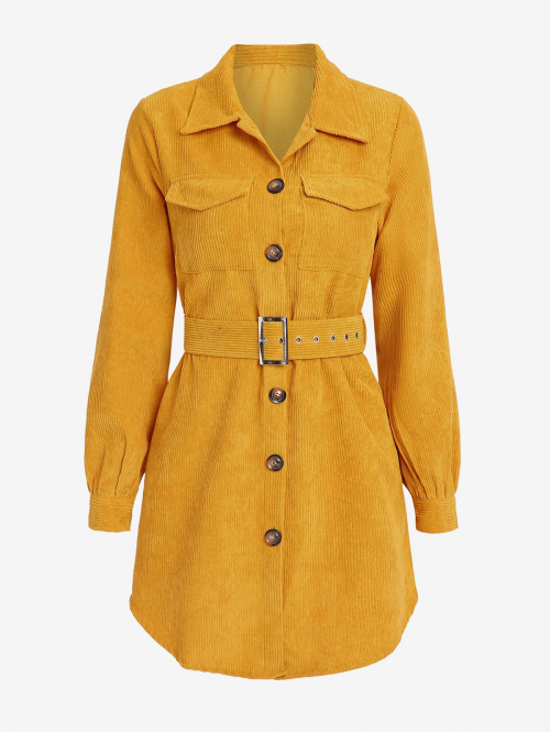 Mini Dress Corduroy Pocket Belted Mini Shirt Dress S Deep yellow