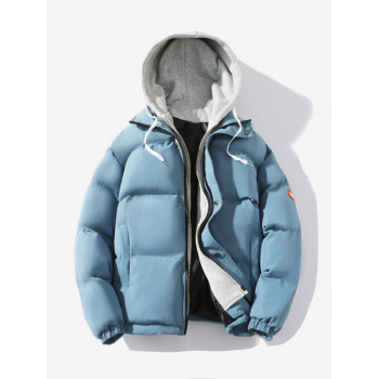 Quilted Contrast Hooded Drop Shoulder Patched Design Puffer Jacket Xl Blue