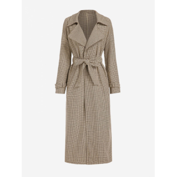 Houndstooth Drop Shoulder Belted Longline Coat M Coffee