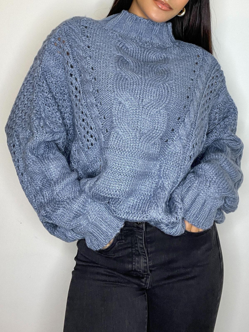 Women Cable Knit Chunky Oversize Sweater Blue