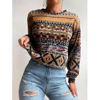 Women Hoodies ZAFUL Drop Shoulder Ethnic Aztec Printed Sweatshirt L Coffee