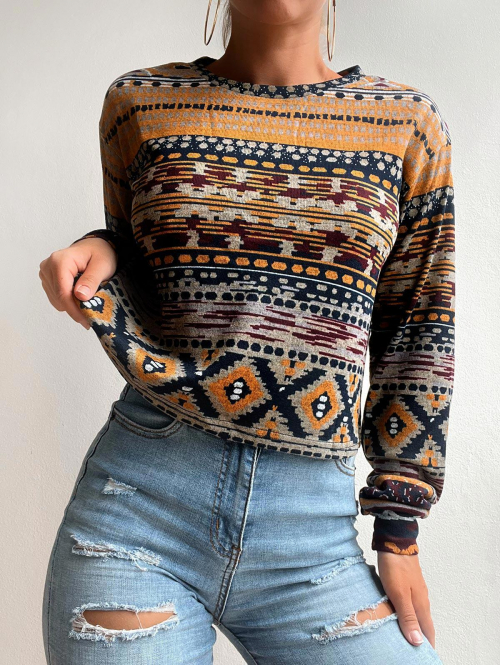 Women Hoodies ZAFUL Drop Shoulder Ethnic Aztec Printed Sweatshirt M Coffee