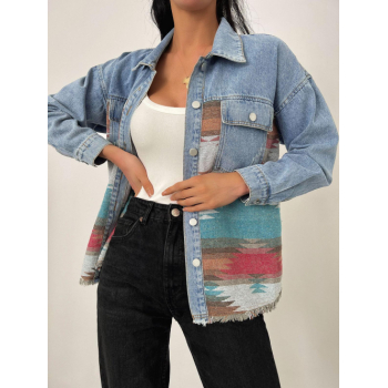 Women Fall Long Sleeves Ethnic Aztec Printed Denim Panel Loose Outdoor Jacket L