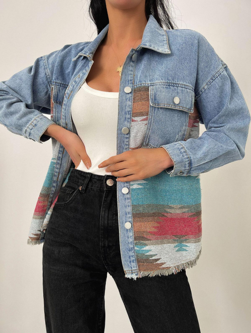 Women Fall Long Sleeves Ethnic Aztec Printed Denim Panel Loose Outdoor Jacket L