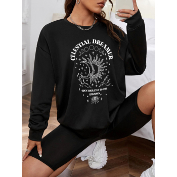 Women Hoodies Sun Moon Star Eye Graphic Pullover Sweatshirt L Black