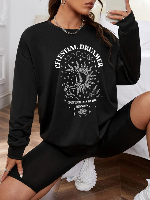 Women Hoodies Sun Moon Star Eye Graphic Pullover Sweatshirt L Black