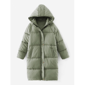 Quilted Hooded Raglan Sleeve Longline Puffer Jacket L Light green