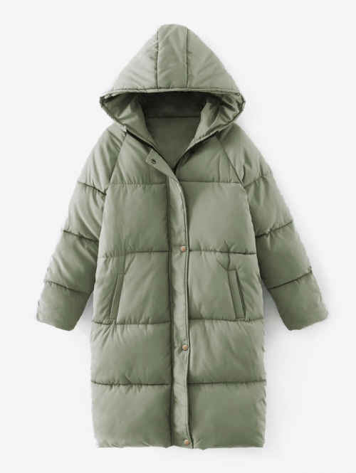 Quilted Hooded Raglan Sleeve Longline Puffer Jacket L Light green