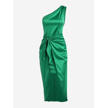 Mini Dress Satin One Shoulder Overlay Tied Midi Dress S Deep green