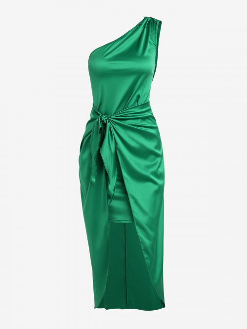 Mini Dress Satin One Shoulder Overlay Tied Midi Dress S Deep green