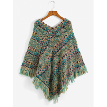 Women Ethnic Zig Zag Fringed Trim Poncho Sweater M Multi a