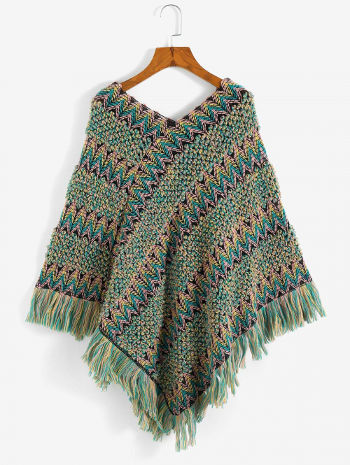 Women Ethnic Zig Zag Fringed Trim Poncho Sweater M Multi a