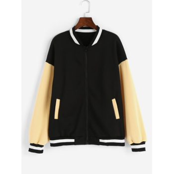 Fleece Lining Colorblock Baseball Varsity Jacket L Black