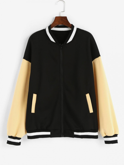 Fleece Lining Colorblock Baseball Varsity Jacket L Black