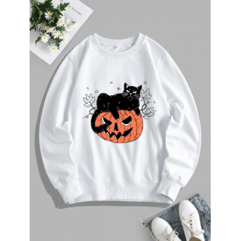 Women Hoodies Halloween Pumpkin Cat Print Pullover Sweatshirt S White