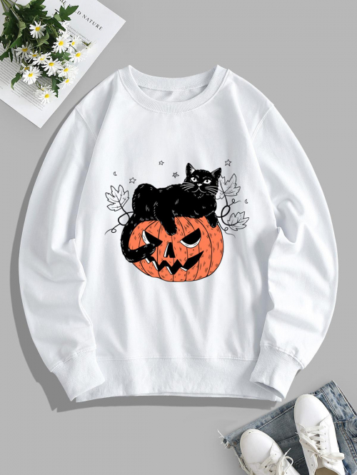 Women Hoodies Halloween Pumpkin Cat Print Pullover Sweatshirt S White