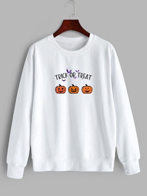 Women Hoodies Halloween Pumpkin Trick or Treat Print Sweatshirt M White