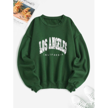 Women Hoodies Flocking Lined Los Angeles Print Drop Shoulder Sweatshirt L Deep green