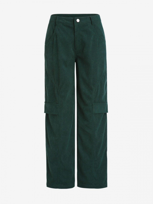 ZAFUL Pockets Straight Corduroy Cargo Pants S Deep green