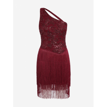 Mini Dress Tinsel Sequined One Shoulder Tassel Mini Party Vegas Dress M Deep red