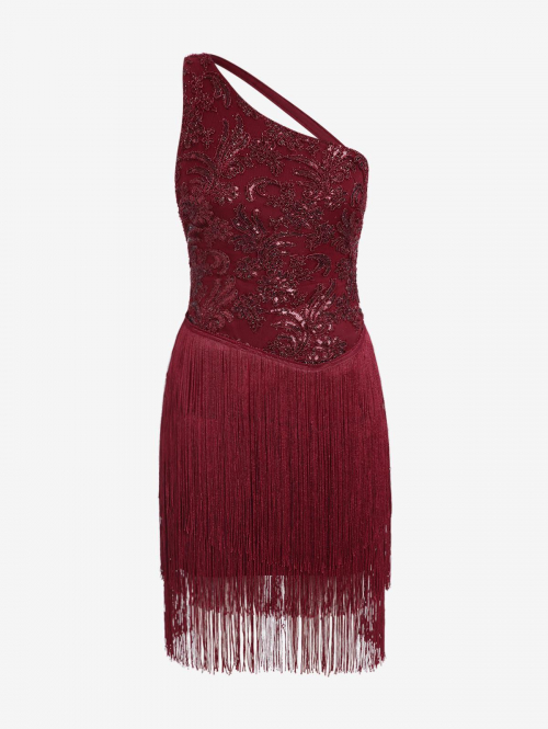 Mini Dress Tinsel Sequined One Shoulder Tassel Mini Party Vegas Dress M Deep red