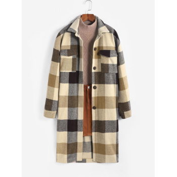 ZAFUL Plaid Woolen Pocket Drop Shoulder Longline Jacket L Coffee