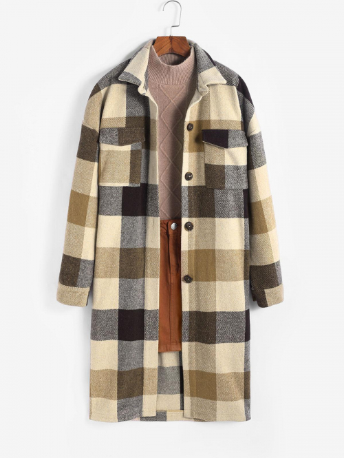 ZAFUL Plaid Woolen Pocket Drop Shoulder Longline Jacket L Coffee