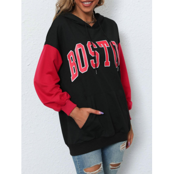 Women Hoodies Letter BOSTON Graphic Colorblock Front Pocket Drawstring Hoodie S Black