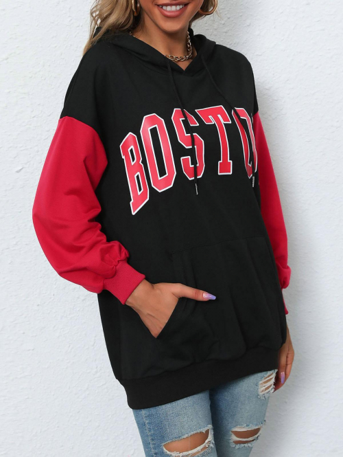 Women Hoodies Letter BOSTON Graphic Colorblock Front Pocket Drawstring Hoodie S Black