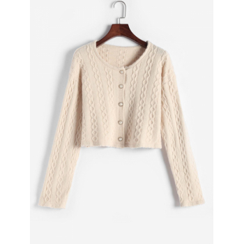 Cable Knit Button Up Crew Neck Cardigan Light coffee