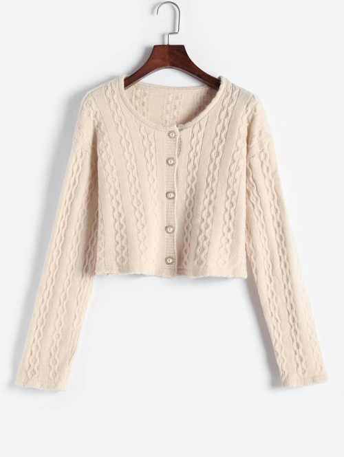 Cable Knit Button Up Crew Neck Cardigan Light coffee