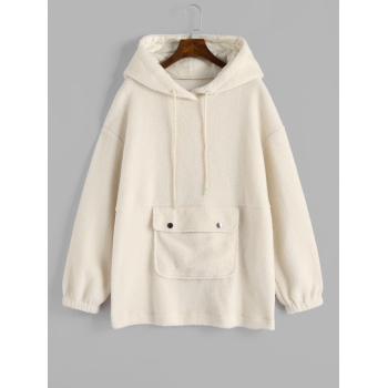 Women Hoodies ZAFUL Flap Pocket Drawstring Fluffy Fleece Cargo Hoodie L Light coffee