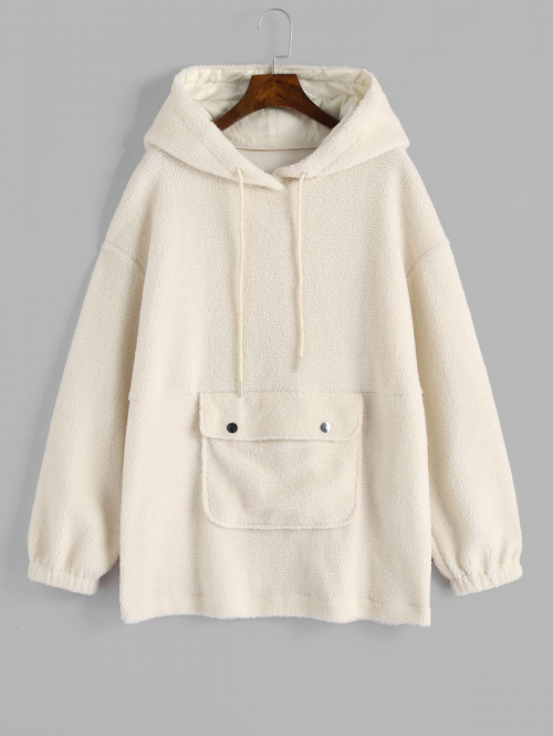 Women Hoodies ZAFUL Flap Pocket Drawstring Fluffy Fleece Cargo Hoodie L Light coffee