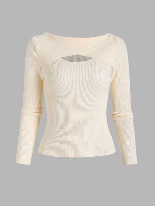 Women Twisted Collar Ribbed Slim Sweater Light coffee