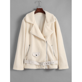 Belted Biker Teddy Coat L White