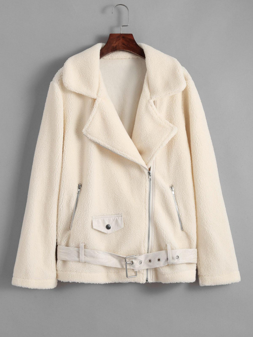 Belted Biker Teddy Coat L White