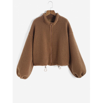 Drop Shoulder Toggle Drawstring Hem Teddy Coat L Coffee