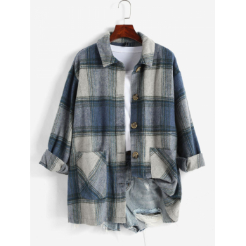 ZAFUL Plaid Drop Shoulder Pocket Woolen Shacket L Deep blue