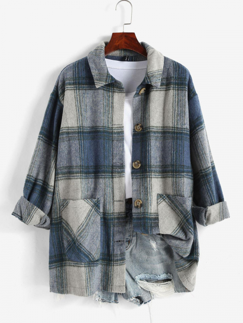 ZAFUL Plaid Drop Shoulder Pocket Woolen Shacket L Deep blue