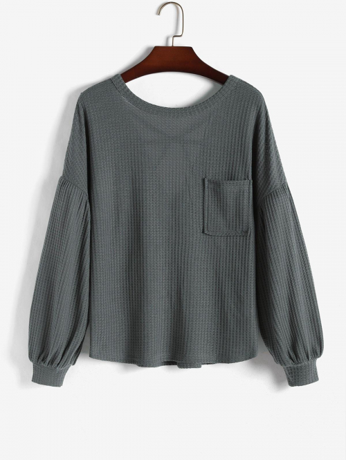 Women Strappy Back Honeycomb Textured Front Pocket Knitwear M Dark gray