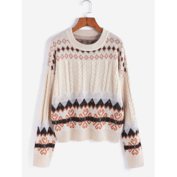 Women Cable Knit Floral Geometric Drop Shoulder Jumper Sweater L Light coffee