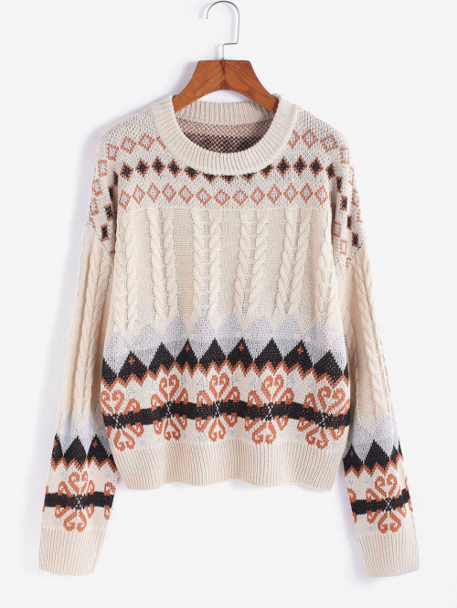 Women Cable Knit Floral Geometric Drop Shoulder Jumper Sweater L Light coffee