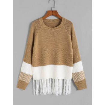 Women Colorblock Zig Zag Tassel Raglan Sleeve Jumper Sweater L Coffee