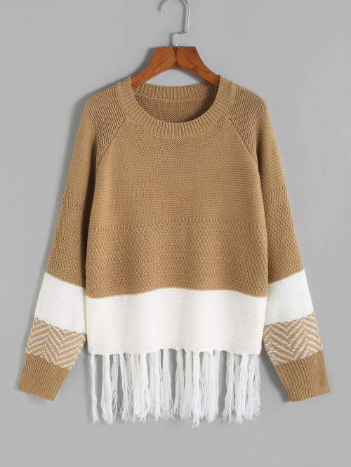 Women Colorblock Zig Zag Tassel Raglan Sleeve Jumper Sweater L Coffee