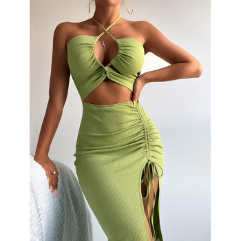 Mini Dress Cinched Criss Cross Cut Out Ribbed Halter Dress Party Date Night Out Asymmetrical Slit Sleeveless Solid Waist Summer Dress S Green