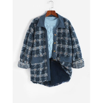 Plaid Drop Shoulder High Low Corduroy Teddy Shirt Coat L Blue