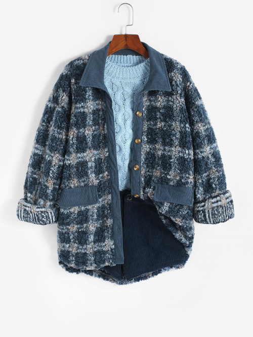 Plaid Drop Shoulder High Low Corduroy Teddy Shirt Coat L Blue