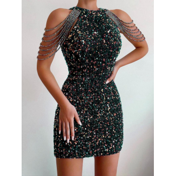 Mini Dress Sparkly Sequined Chain Beads Cocktail Party Formal Bodycon Round Collar Long sleeve High neck Dress S Black